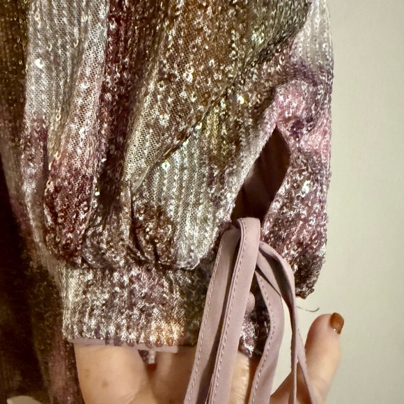 Belle Badgley Mischka Sequin Purple Print Trapeze Dress Long Sleeve Mod S M - Picture 5 of 11